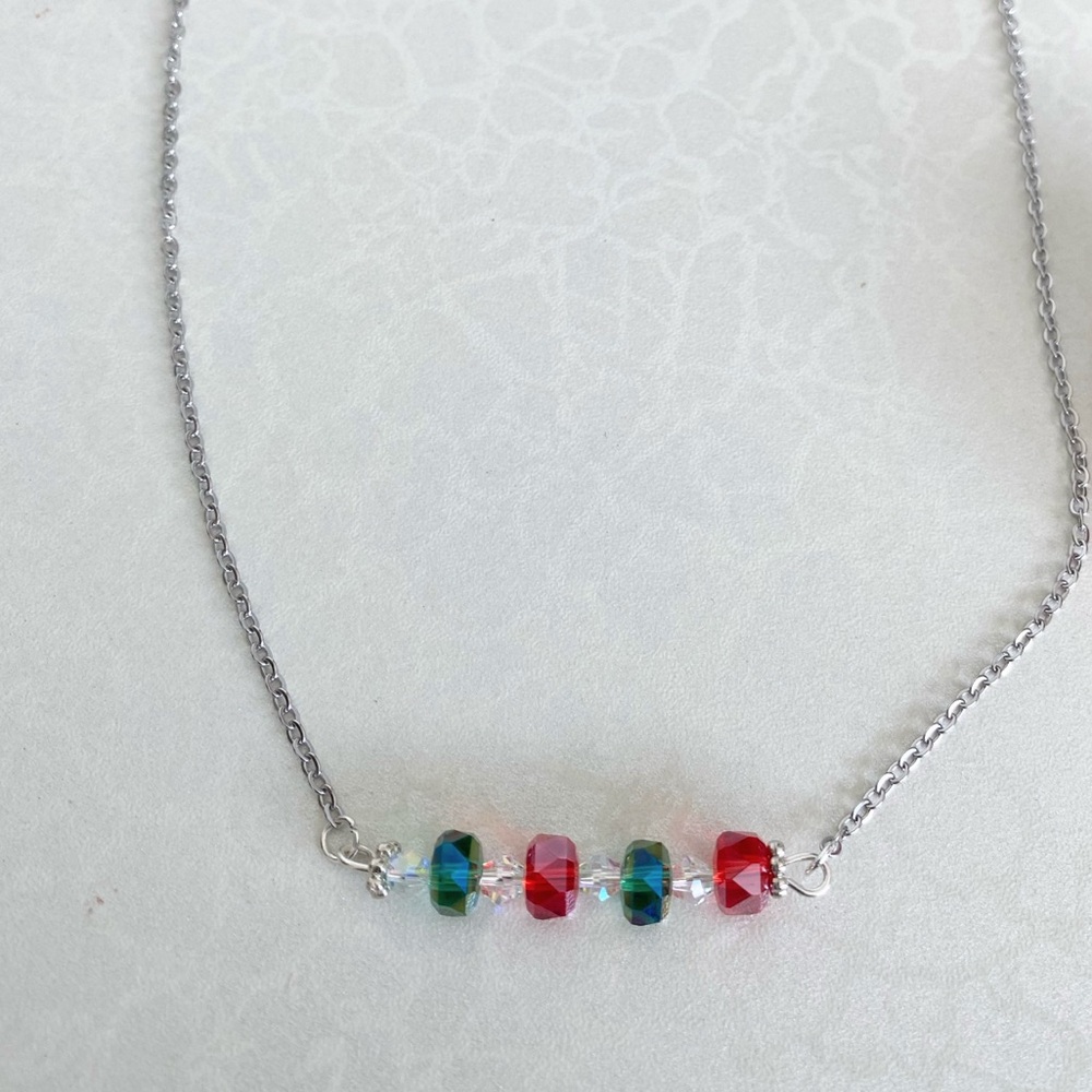 Christmas Necklace with Red and Green Faceted Crystal Beads